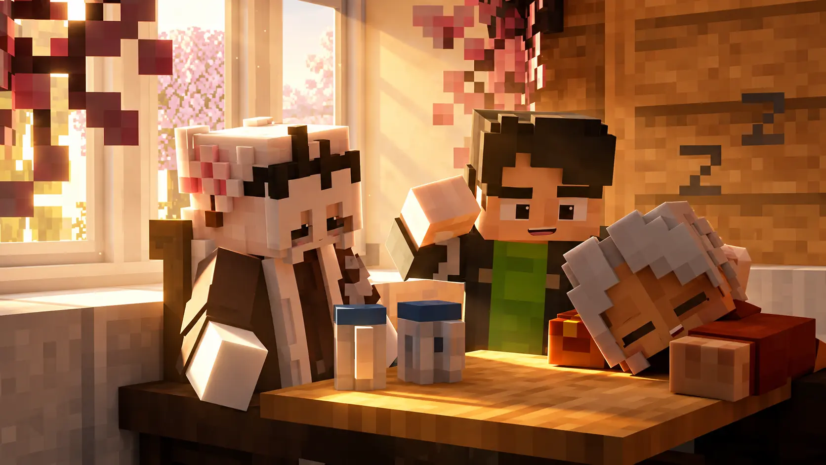 Criadores de conteúdo reunidos em uma mesa no universo de Minecraft